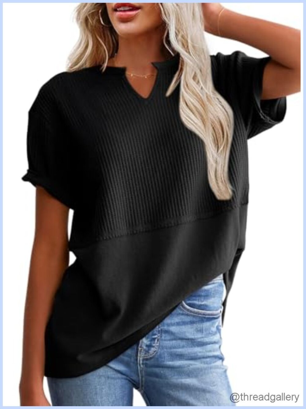 Waffle Knit Tunic Top V-Neck Short Sleeve Loose Fit Casual Summer Shirt
